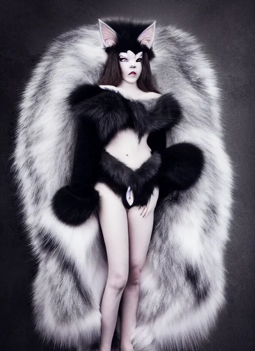 Image similar to full body environmental portrait photo of anya taylor - joy as catgirl, headpiece made from fur, glamour shot by gemmy woud - binnendijk, chris knight, photorealistic, canon r 3, fashion photography, elegant, luxury and elite, symmetry, octane render, unreal engine, solid dark grey background, dramatic lights, high fashion journal cover