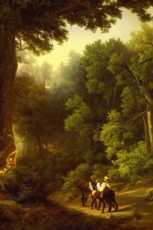 Prompt: asher brown durand oil painting on canvas of over the garden wall background concept art, scenery, woods, extreme detail, dark and mysterious lighting