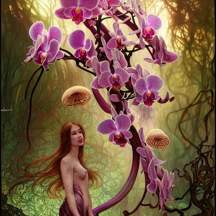 Prompt: psychedelic creature, orchid, cherry blossom tree, mushrooms, diffuse lighting, fantasy, intricate, elegant, highly detailed, lifelike, photorealistic, digital painting, artstation, illustration, concept art, smooth, sharp focus, art by John Collier and Albert Aublet and Krenz Cushart and Artem Demura and Alphonse Mucha and Giuseppe Arcimboldo