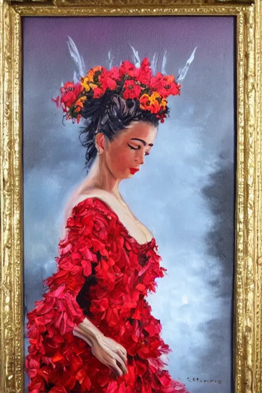 Image similar to vintage detailed oil painting of spanish flamenco dancer in mallorca wearing a red dress made of flowers, dimly lit by candles on the ground, looking away, her head is vapor, dark shadows, photo realistic, extreme detail skin, no filter, slr, 4 k, high definition