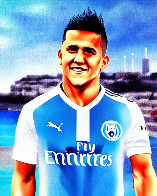 Image similar to portrait Anime Alexis Sanchez; white football shirt, Marseille beach in background || cute-fine-face, pretty face, realistic shaded Perfect face, fine details. Anime. realistic shaded lighting