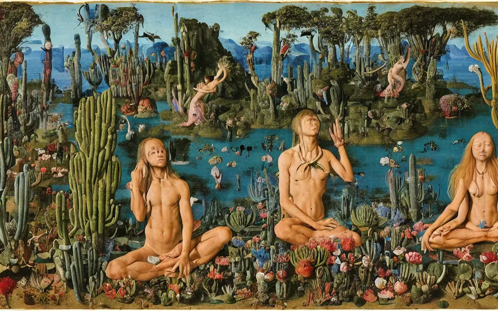 Prompt: a photograph of a meditating centaur shaman and a flayed mermaid feeding fish at the lake. surrounded by bulbous flowers, animals and a few trees and cacti. cliffs under a blue sky of burning stars. painted by jan van eyck, max ernst, ernst haeckel, ernst fuchs and artgerm, trending on cgsociety, plant patterns