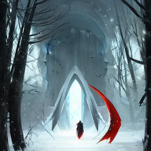 Prompt: a cambion, batlike wings unfurled, stepping into a snowy clearing through a circular, fiery magical portal from hell, fantasy art by greg rutkowski