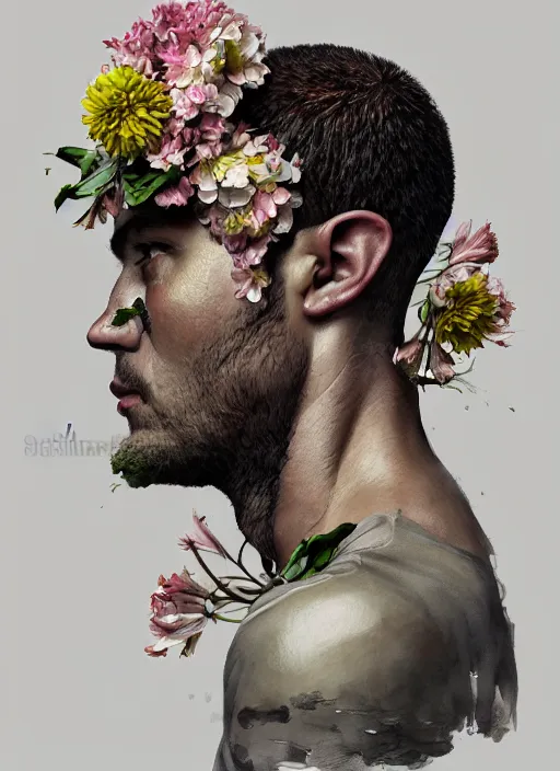 Prompt: handmade character portrait of a serious american soldier man, flowers growing on his body, explosion of amaryllis, hydrangea on his head, chrysanthemum, hyacinth, in the style of artgerm and enki bilal and bastien lecouffe - deharme, wlop, line art, watercolor, cinematic lighting, hyperdetailed, hyperrealistic