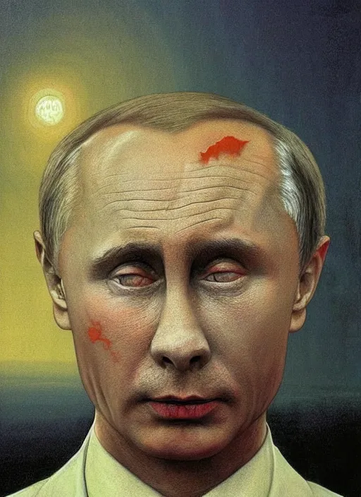 Image similar to Painting in a style of Beksinski featuring Vladimir Putin. Disturbing