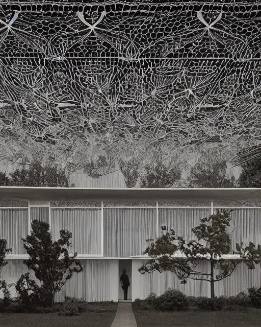 Image similar to midcentury architecture, made of intricate decorative lace leaf skeleton, in the style of the dutch masters and gregory crewdson, dark and moody