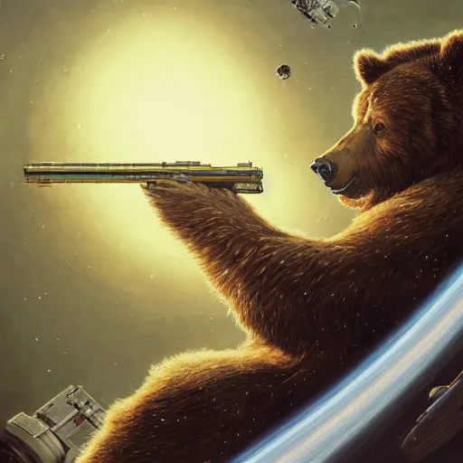 Image similar to detailed science - fiction character portrait of a grizzly bear shooting a machine gun in space, intricate, wild, highly detailed, digital painting, artstation, concept art, smooth, sharp focus, illustration, art by artgerm and greg rutkowski and alphonse mucha