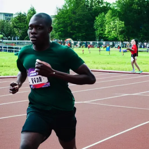 Image similar to photograph of an male runner athlete being chased by Zombies in the background. Track and field event. DSLR Photography