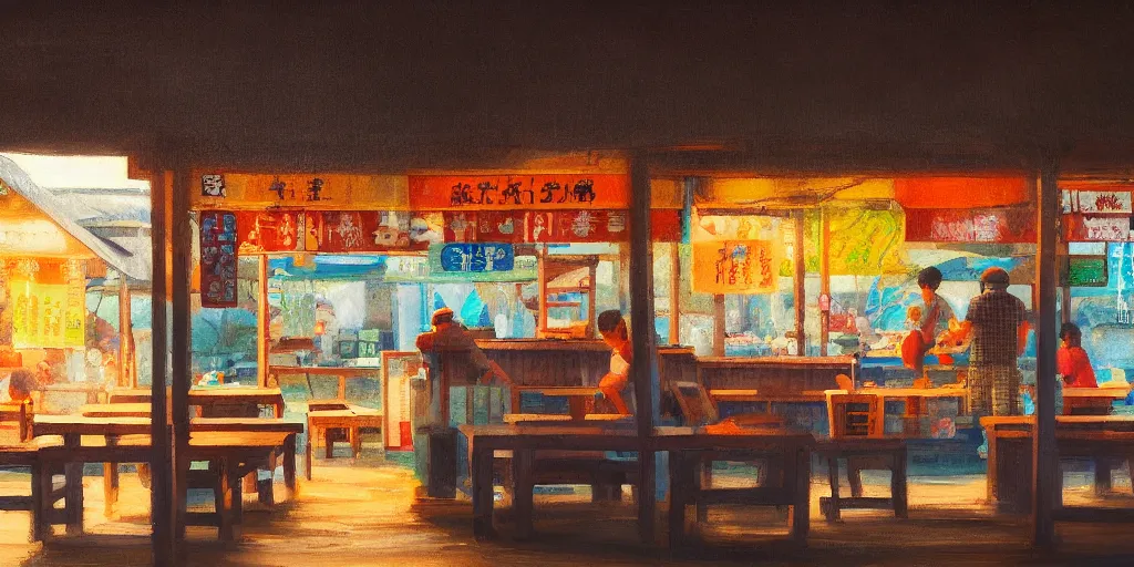 Prompt: interior of a small kopitiam at pulau indah fishing village, near a jetty, early morning, detailed painting, low angle view, telephoto lens, bokeh, studio ghibli, artstation