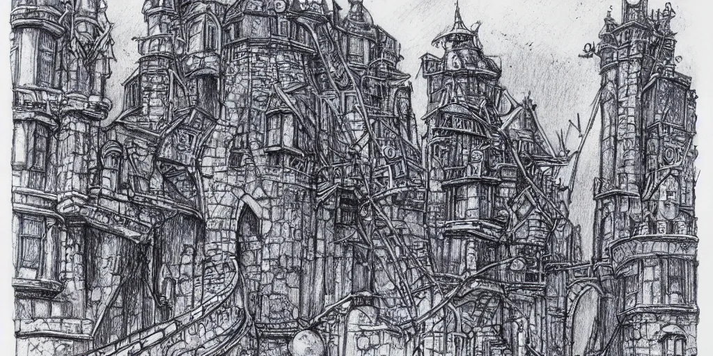 Image similar to Blue ballpoint pen drawing of a concept art of a stone town in orbit around a tower with amazing details by Maurice Sendak.