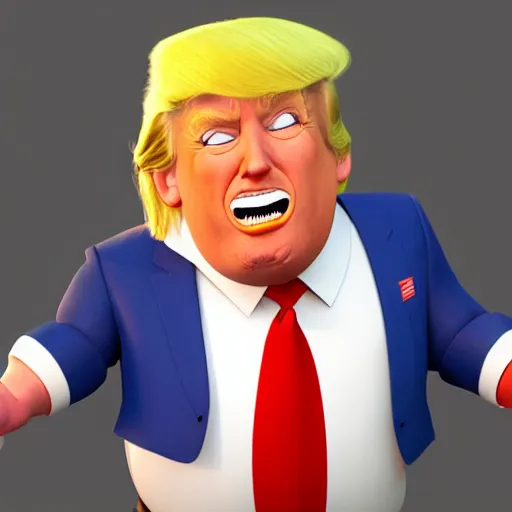 Prompt: happy, render of fun donald trump cartoony character, from the new pixar movie, dynamic lighting, cgsociety