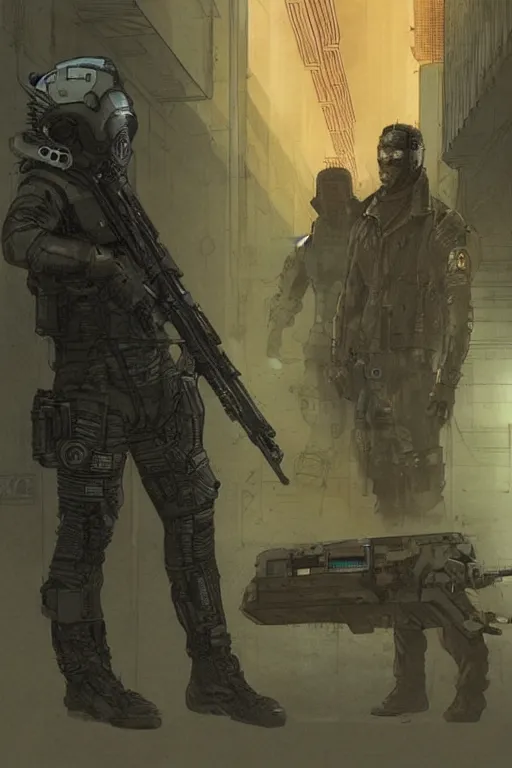 Image similar to ghost. smug blackops mercenary in near future tactical gear and cyberpunk headset. Blade Runner 2049. concept art by James Gurney and Mœbius.