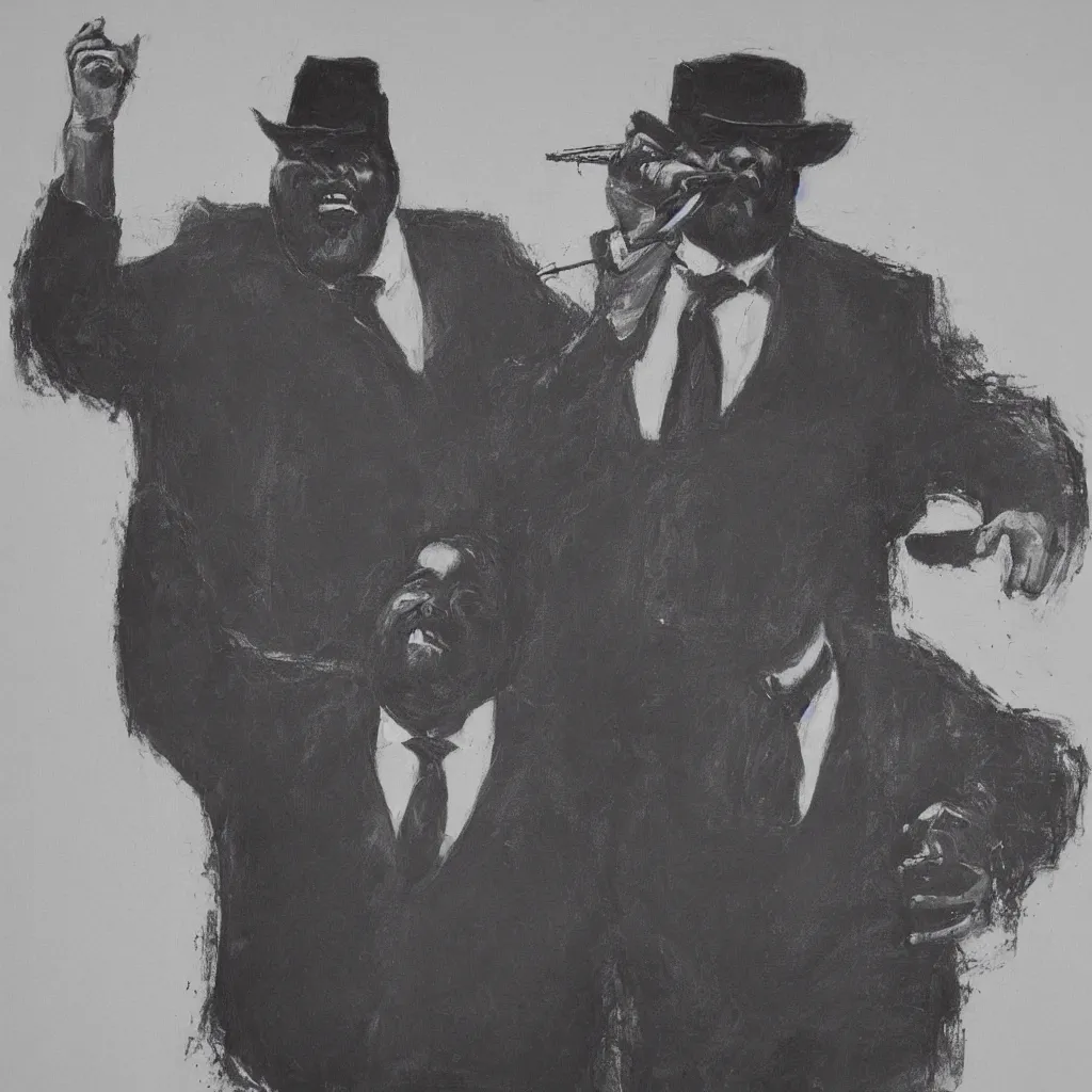 Image similar to style of rafael pavarotti, photorealistic, a large black man robbing a bank