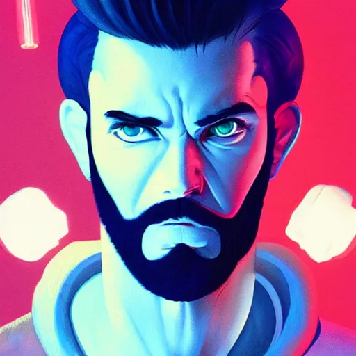 Image similar to Lofi vaporwave cyberpunk bearded man, Pixar style, Tristan Eaton, Stanley Artgerm, Tom Bagshaw