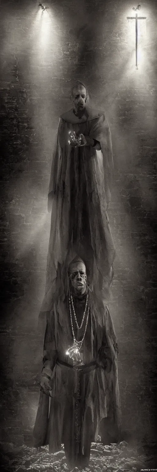 Image similar to a highly realistic and detailed full Priest standing in a dark dirty basement holding a rosary, wide angle 70mm lens, volumetric haze, front facing camera, symmetrical, photorealistic, insanely detailed and intricate, epic, hyper realistic, elegant, ornate, elite, horror, creepy, ominous, haunting, cinematic lighting, unreal engine, cinematic centered camera, high detail, no blur, unreal engine 8k