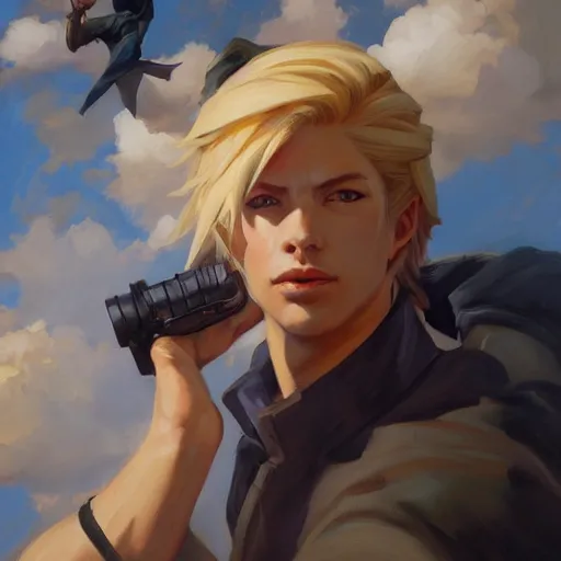 Image similar to greg manchess portrait of customer service cloud strife, medium shot, asymmetrical, profile picture, organic painting, sunny day, matte painting, bold shapes, hard edges, street art, trending on artstation, by huang guangjian and gil elvgren and sachin teng