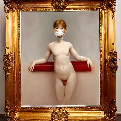 Image similar to an all white human, with no facial features, like a white mask pulled over their face, full body laying in a blood red pool of water between a golden mirror frame, outside is space and inside the mirror frame is a beautiful landscape., physically accurate, dynamic lighting, intricate, elegant, highly detailed, very very Roberto Ferri, sharp focus, very very unsettling, very terrifying, illustration, art