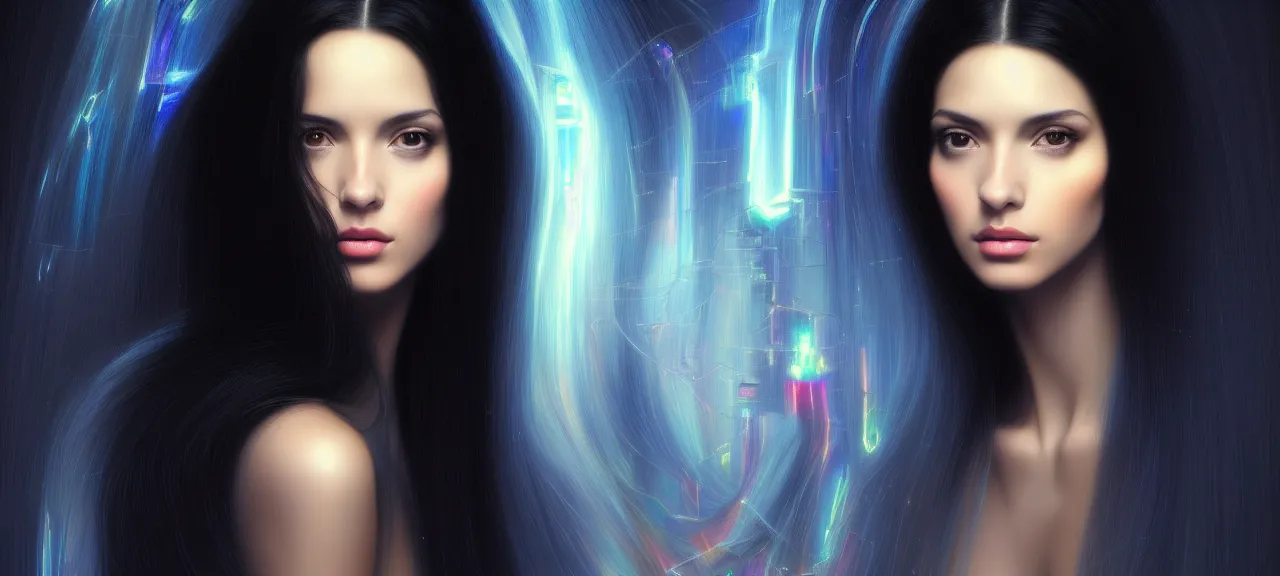 Prompt: beauty young spanish woman with long black hair portrait in holograms of Matrix artifacts, electrical case display, Matrix tech, ultrarealistic, dramatic lighting, electrical details, high details, 4k, 8k, best, accurate, trending on artstation, artstation, photorealism, ultrarealistic, digital painting, style of Peter Mohrbacher, Caravaggio, Boris Vallejo
