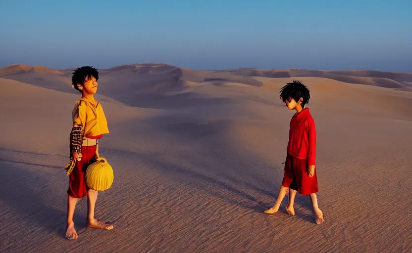 Prompt: a luffy in sand dunes, photography