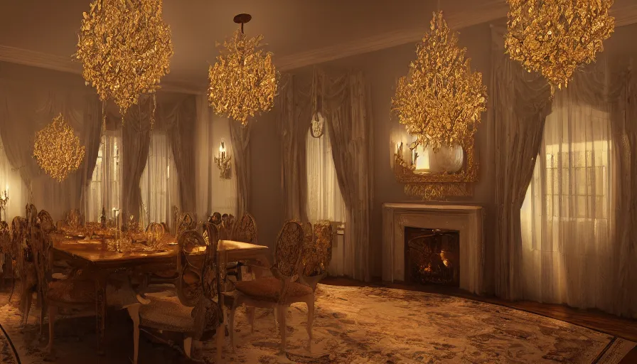 Image similar to White dining room with a fireplace and a magnificent golden chandelier in a Neo-Gothir manor during the night, hyperdetailed, artstation, cgsociety, 8k