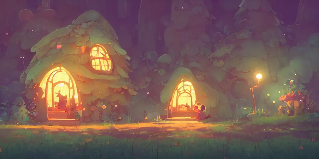 Prompt: small fairy mushroom house, by cory loftis & akihiko yoshida & james gilleard & atey ghailan & makoto shinkai & goro fujita & studio ghibli, rim light, exquisite lighting, clear focus, magic atmosphere, lights, night, very coherent, plain background, soft painting