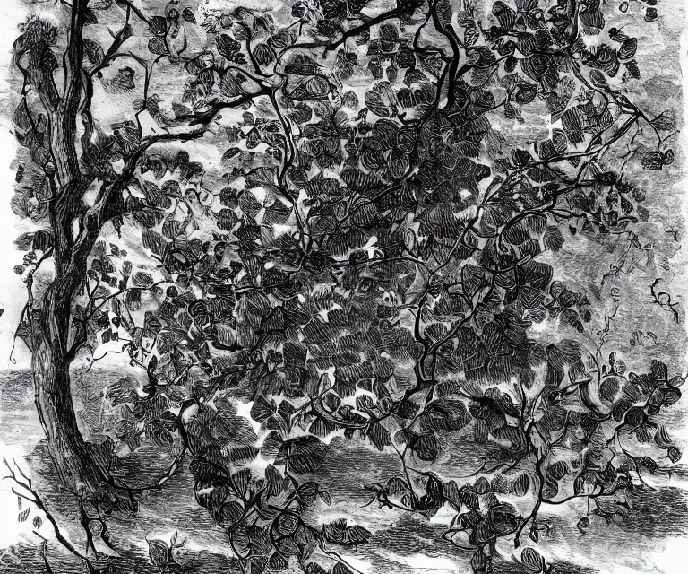 Image similar to drawing of black vines, black roses, black thorns, old statues