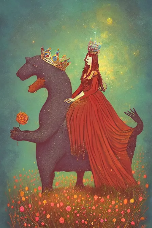 Image similar to surreal medieval princess with a crown riding a bear, nostalgia for a fairytale, magic realism, flowerpunk, mysterious, vivid colors, by andy kehoe, amanda clarke