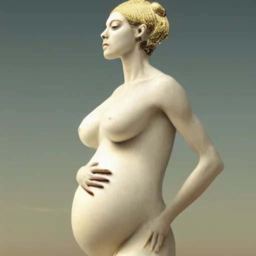 Image similar to a statue made of white marble with gold veins, of an beautiful pregnant woman, perfect symmetrical body, perfect symmetrical face, closed eyes, hyper realistic, hyper detailed, fujicolor superia, bokeh background, full body shot, by peter kemp, by monia merlo octane render, blender, 8 k