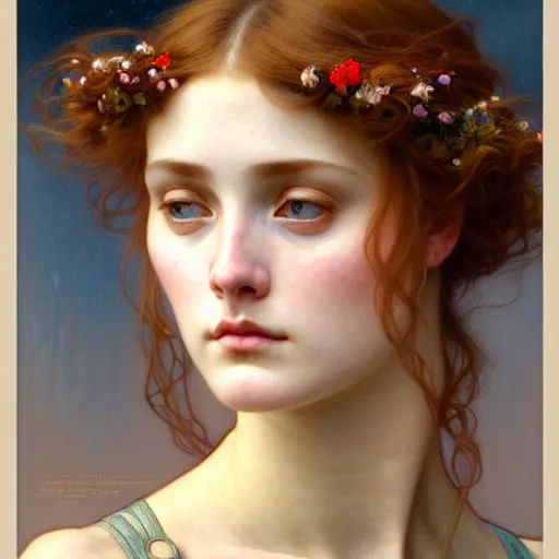 Image similar to Masterpiece head and shoulder portrait of beautiful girl, drawn by Donato Giancola and Tom Bagshaw, face by Artgerm and Edmund Leighton, Alphonse Mucha, background by James Jean and Gustav Klimt, 4k, porcelain skin, Medium shot, komorebi, french nouveau, trending on artstation, octane render, hyperrealistic