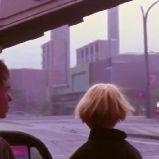 Prompt: at night, a white teenage girl with a pixie haircut in an oversized man's jacket catches a ride on the back of a truck as it drives towards the factory district : a still from a sci - fi dystopian cyberpunk film by steven spielberg from 1 9 8 0 s, shot on 3 5 mm film by janusz kaminski