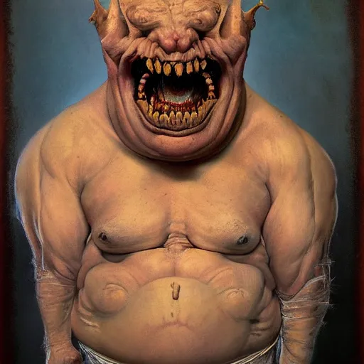 Image similar to photoreal upper body portrait of a bloated demonic man, by norman rockwell and boris vallejo, artstation, horror, concept creature character art