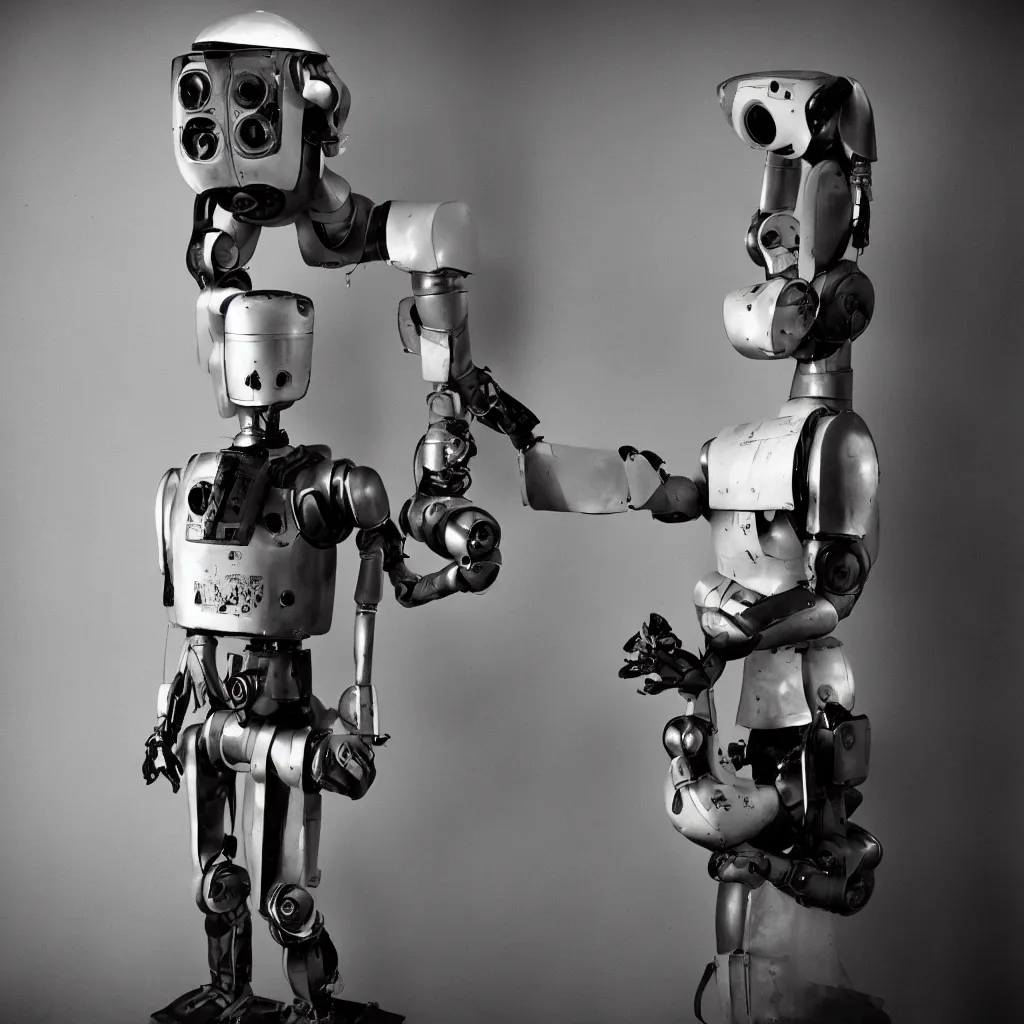 Prompt: studio portrait photo of a 50's robot, 50mm, kodak, backlit, steve mccurry, film