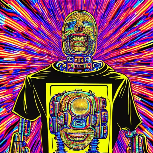 Image similar to a black tshirt with a hyperdetailed portrait of a cyberpunk robot by robert crumb, 8 k, symetrical, flourescent colors, happy trippy mood, multicolored,