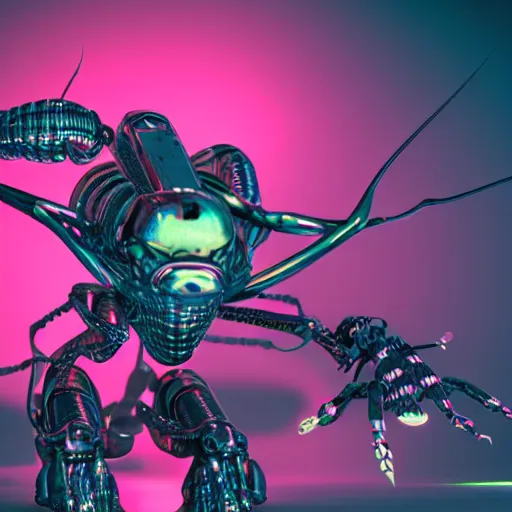 Image similar to synthwave cyborg insect, detailed face, sharp focus, synthwave art, aesthetic, octane render, raw, cinematic