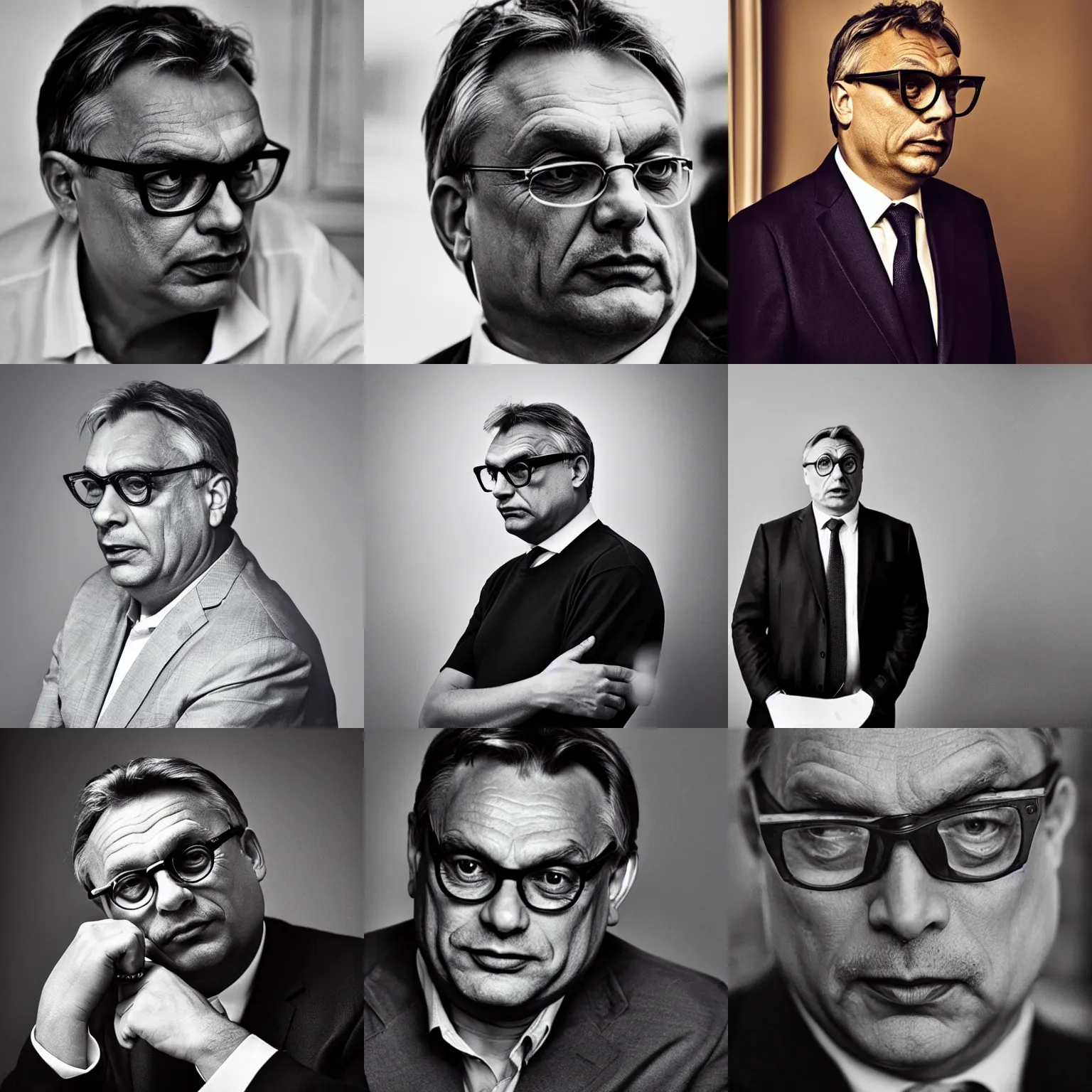 Prompt: photo of viktor orban wearing round glasses by peter lindbergh