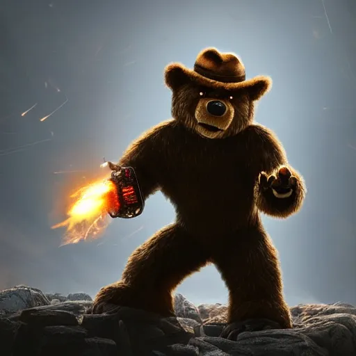 Prompt: advanced Smokey the Bear robot with blade-arms slaughtering humans in 2020, close up combat photography by Feng Zhu, highly detailed, excellent composition, cinematic concept art, dramatic lighting, trending on ArtStation