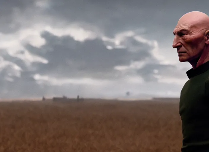 Prompt: close up cinematic artwork of captain picard staring down the enemy on the battlefield by Greg Rutkowski, 4k, masterpiece