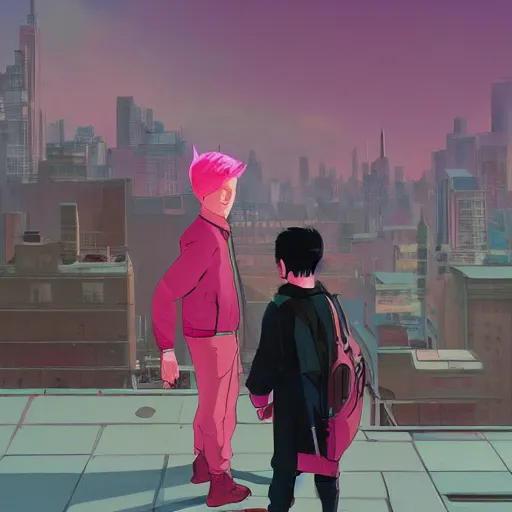 Prompt: damian wayne with pink haired friend, city landscape, Gotham, artstation, highly detailed, by makoto shinkai and thomas kindle and James gilleard