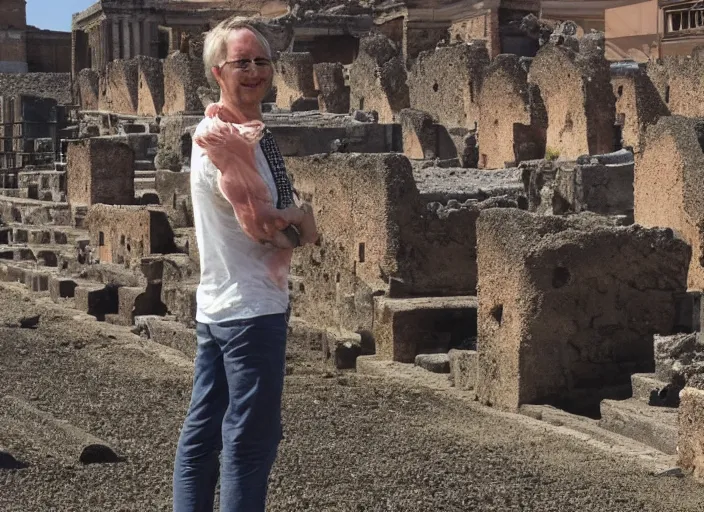 Image similar to a screencap of Tom Scott standing in Pompeii during the eruption
