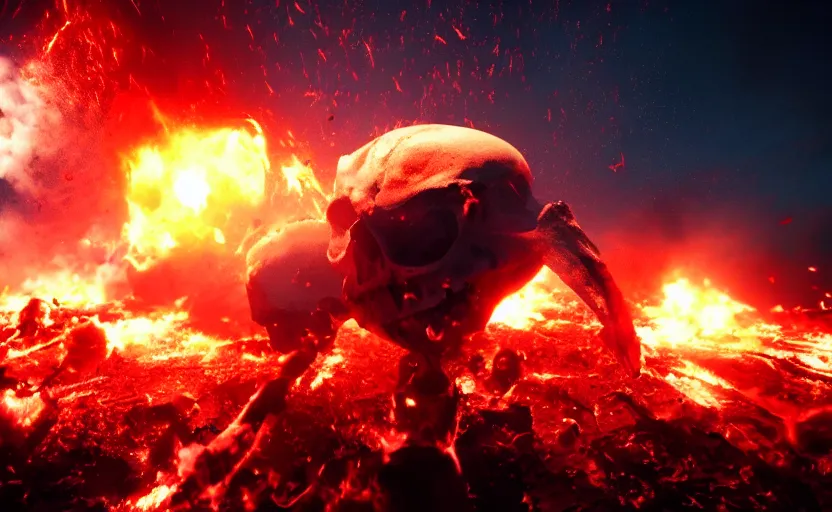 Prompt: skull shaped thermonuclear explosion of blood, cinematic shot, dramatic volumetric lighting, epic composition, 4K Ultra HD