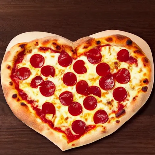 Image similar to heart shaped magerhita pizza with alot of cheese, 4 - 5 cherry tomata served on a wooden plate