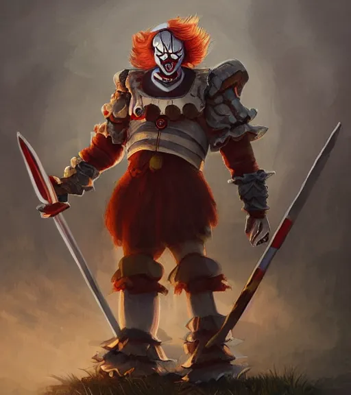 Prompt: painting of Pennywise as powerful dungeons and dragons warrior wearing plate armor with massive spear, fantasy, Artgerm, Rutkowski, artstation, trending