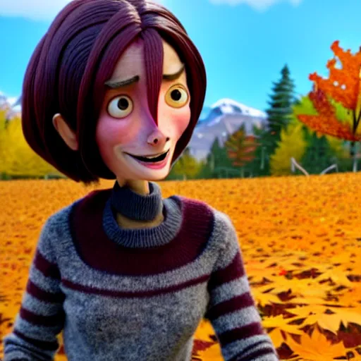 Image similar to a stopmotion animation character, a beautiful canadian woman, gardening, very attractive, messy dark grey hair, striped sweater, tight denim jeans, maroon doc marten boots, canadian maple leaves blowing about, mountains, autumn, unreal engine 5, 8 k, kubo and the two strings, disney, pixar,