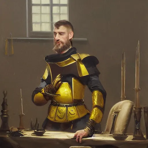 Prompt: Frustrated and acerbic male Imperial sergeant with a short beard wearing a {black and yellow tabard} over a steel breastplate and a black gambeson leaning over a table, by Raymond Swanland Greg Rutkowski Lise Deharm, {perfect face}, {perfect eyes}, {perfect body}, {hands planted on war table while standing}, fantasy