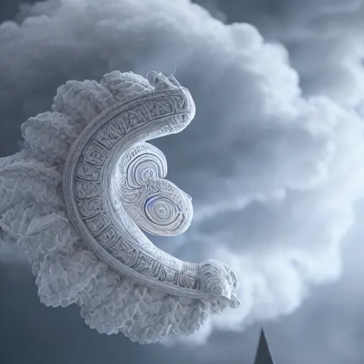 Image similar to an elaborate intricate mask made of wind caught is a cloud vortex, rendered in octane, behance hd, bokeh backdrop