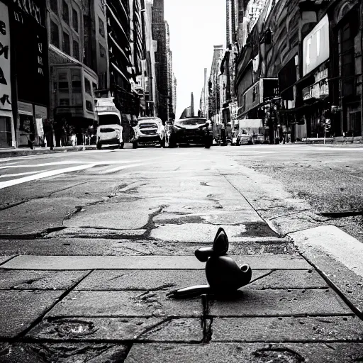 Prompt: black and white street photograph on a street in new york city on a busy day with a shattered ceramic garden gnome. 8k resolution.