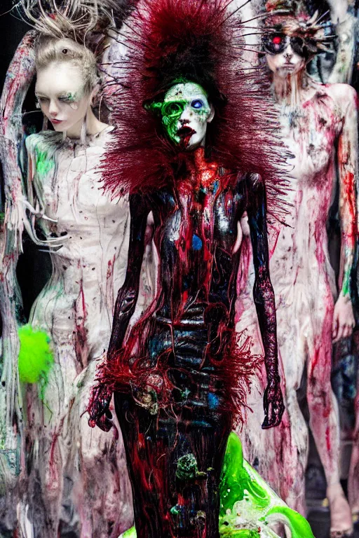 Image similar to crazy fashion catwalk, one model, crazy clothes, biopunk style, horror, clothes look like slime, hauntingly surreal, highly detailed painting by francis bacon, edward hopper, adrian ghenie, gerhard richter, and james jean soft light 4 k,