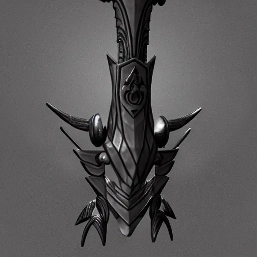 Prompt: a black sword skull handle, ornament, weapon, a 3 d render by dom qwek, studio lighting, front side view, trending on polycount, futurism, hard surface modeling, rendered in maya, 3 ds max, blender, artstation hd, vray