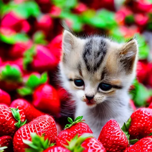 Prompt: macro shot photograph of an extremely tiny baby kitten on top of a giant strawberry