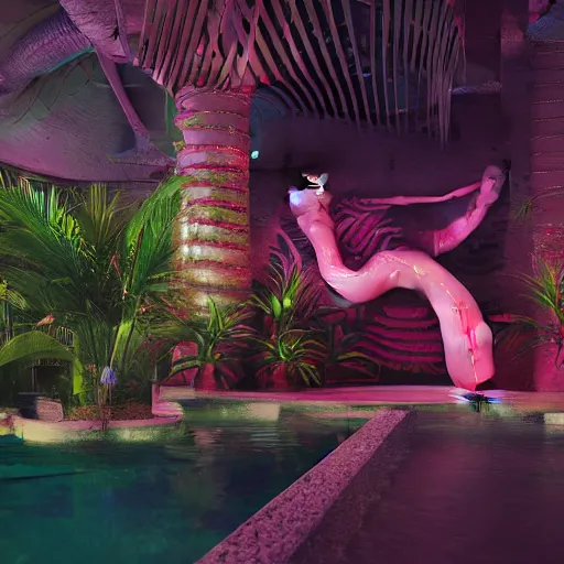 Image similar to a hyperrealistic 3 d render of a broken statue in a surreal underground swimming pool surrounded by palm trees water slides and neon lights, vaporwave, unreal engine, octane render, dramatic lighting, volumetric lighting, neon lighting, ultra detailed, photorealistic